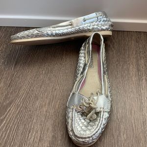 Sperry Silver Metallic Woven Leather Boat Shoes Sz 7